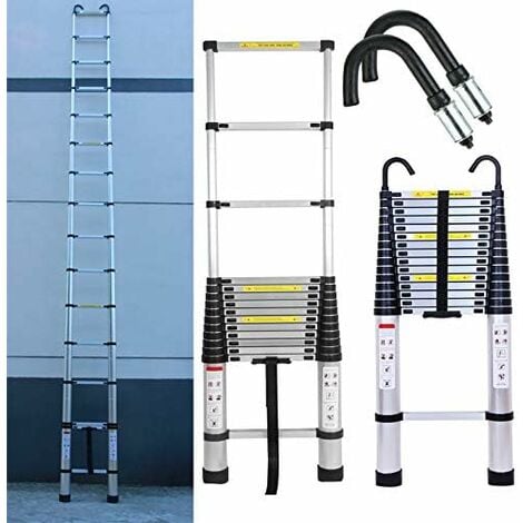 Échelle télescopique pliable en aluminium, 6,2 m avec 2 crochets, échelle coulissante polyvalente, échelle d'échelle, facile à utiliser, charge de 150 kg, argent