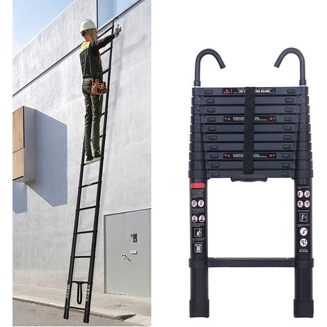 3,8m / 12,5ft échelle télescopique en aluminium échelle à haute tige légère et durable 150kg / 330lbs capacité de charge échelle de sécurité antidérapante EN131 (1/5)