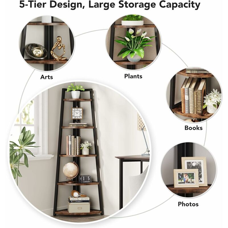 Tribesigns 5-Tier Corner Plant Stand, 70 Inch Tall Rustic Bookshelf For Living Room, Home Office - Rustic Brown/White