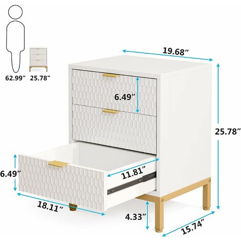 Tribesigns Modern Nightstand, 25.8 Tall Bedside Table with 3 Drawers, Contemporary End Side Table with Storage for Bedroom, Living Room, White and Gold (1 Pack)