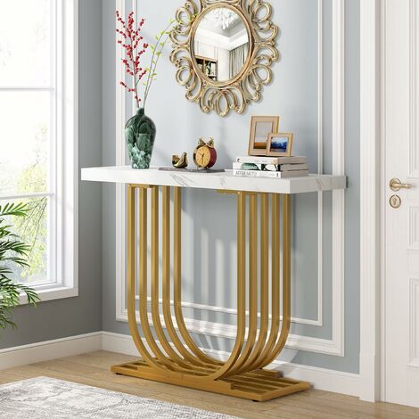 Tribesigns Console Table with Gold Base, 39.4 Inch Faux Marble Entryway Foyer Table, Narrow Modern Hallway Table with Geometric Metal Legs for Living Room, Hallway, Entrance, White & Gold
