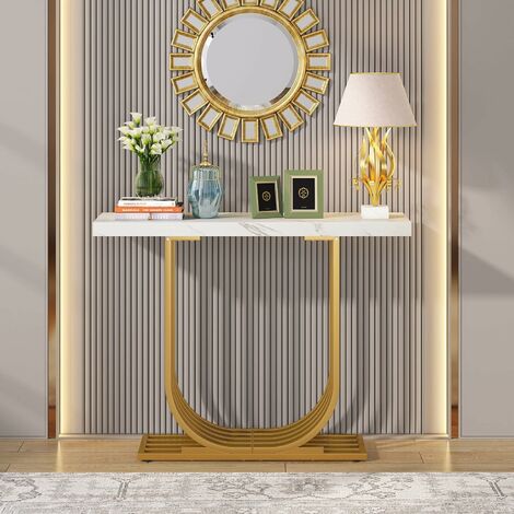 Tribesigns Console Table with Gold Base, 39.4 Inch Faux Marble Entryway Foyer Table, Narrow Modern Hallway Table with Geometric Metal Legs for Living Room, Hallway, Entrance, White & Gold
