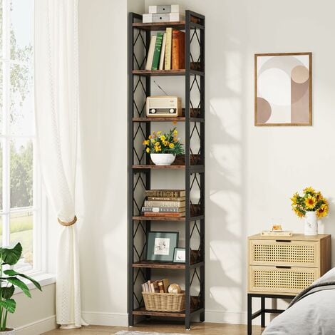 Tribesigns 200cm Extra Tall Narrow Bookshelf, 7 Tier Skinny Bookcase for Small Spaces, Freestanding Display Shelves, Multifunctional Corner Storage Organizer for Home Office, Rustic Brown