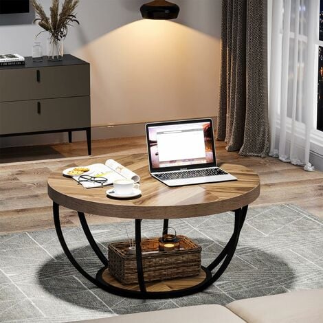 Tribesigns 31.7 Round Coffee Table Industrial 2 Tier Circle Coffee Table with Storage Shelves Modern Wooden Accent Center Table Sofa Side Table for