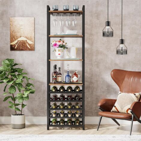 Tribesigns Wine Rack Freestanding Floor, 9 Tier Wine Baker Rack with Glass Holder & Wine Storage, Multi-Function Wine Bar Cabinet Bottle Holder for Kitchen, Dining Room, Rustic Brown