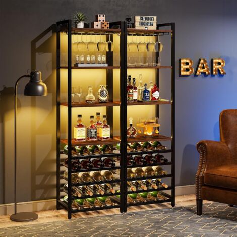 Tribesigns Wine Rack Freestanding Floor, 9 Tier Wine Baker Rack with Glass Holder & Wine Storage, Multi-Function Wine Bar Cabinet Bottle Holder for Kitchen, Dining Room, Rustic Brown