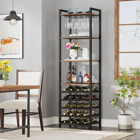 Tribesigns Wine Rack Freestanding Floor, 9 Tier Wine Baker Rack with Glass Holder & Wine Storage, Multi-Function Wine Bar Cabinet Bottle Holder for Kitchen, Dining Room, Rustic Brown