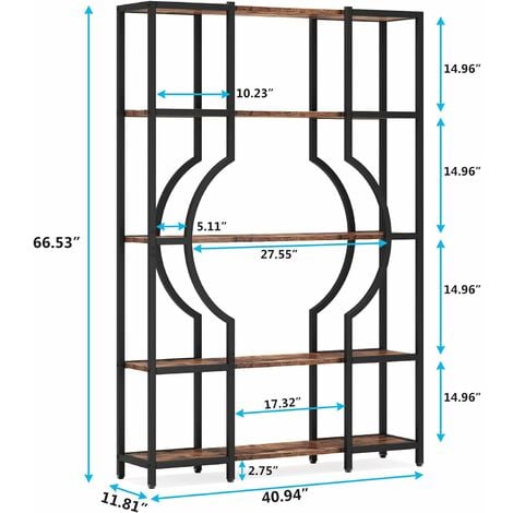 Tribesigns 5-Tier Bookshelf and Bookcase, Vintage Tall Bookcase with 12 Open Display Shelves, Wooden Book Shelving Unit with Metal Frame for Home Office, Living Room, Bedroom