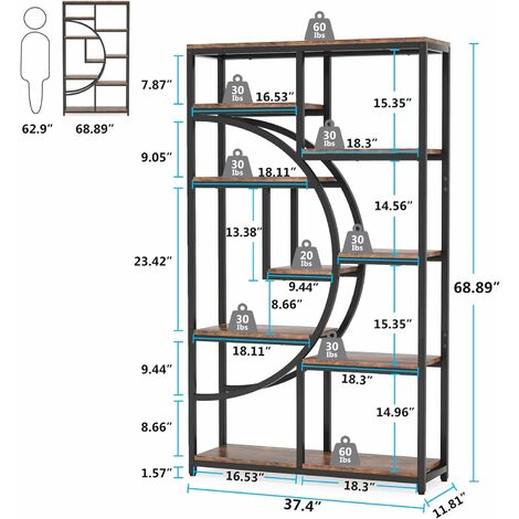 Tribesigns Bookshelf Industrial 5 Tier Etagere Bookcase, Freestanding Tall Bookshelves Display Shelf Storage Organizer with 9-Open Storage Shelf for Living Room, Bedroom, Home Office