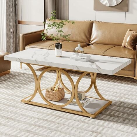 Tribesigns Rectangle Coffee Table, 120 x 59.5 cm Modern Coffee Tables for Living Room, 2-Tier Faux Marble Wood Coffee Table with Geometric Metal Legs, Home Furniture with Storage Shelf(White and Gold)