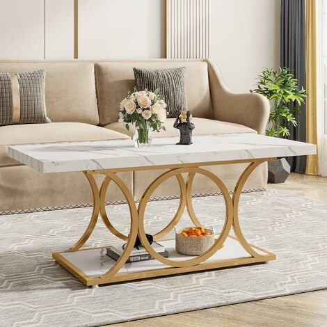 Tribesigns Rectangle Coffee Table, 120 x 59.5 cm Modern Coffee Tables for Living Room, 2-Tier Faux Marble Wood Coffee Table with Geometric Metal Legs, Home Furniture with Storage Shelf(White and Gold)