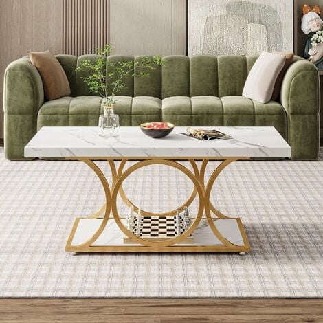 Tribesigns Rectangle Coffee Table, 120 x 59.5 cm Modern Coffee Tables for Living Room, 2-Tier Faux Marble Wood Coffee Table with Geometric Metal Legs, Home Furniture with Storage Shelf(White and Gold)
