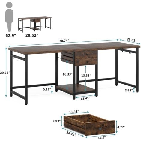 Tribesigns 79 Inch Extra Long Desk, Double Desk with 2 Drawers, Two Person Desk Long Computer Desk with Storage Shelves, Writing Table Study Desk for Home Office, Rustic Brown