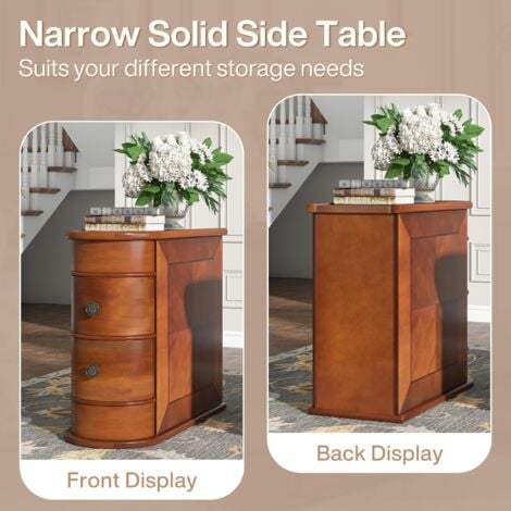 Tribesigns Solid Wood Side Table, 2-Drawer Narrow End Table Slim Chair Side Table, Bedside Tables, No Assembly Required, Finished Back, Walnut,1 pc