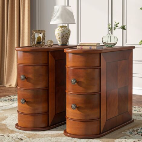 Tribesigns Solid Wood Side Table, 2-Drawer Narrow End Table Slim Chair Side Table, Bedside Tables, No Assembly Required, Finished Back, Walnut,2 pcs