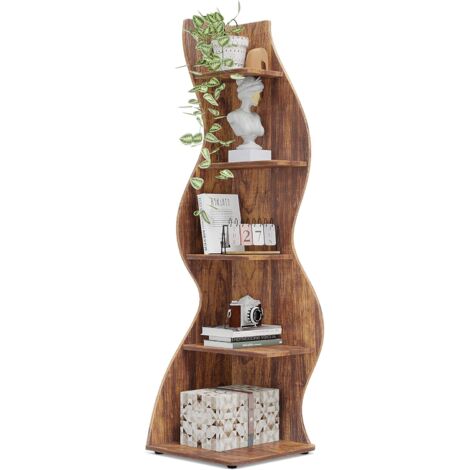Tribesigns Corner Shelf, Rustic 5-Tier Wall Corner Bookshelf, Stylish Corner Small Bookcase Storage Rack Plant Stand with Unique Shape for Living Room, Home Office (1PC, Brown)