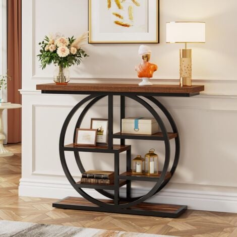 Tribesigns Console Table, 105 cm Industrial 6-Tier Sofa Table Entryway Table with Circle Base, Narrow Wood Accent Tables with Storage Shelves for Living Room, Hallway, Foyer, Rustic Brown