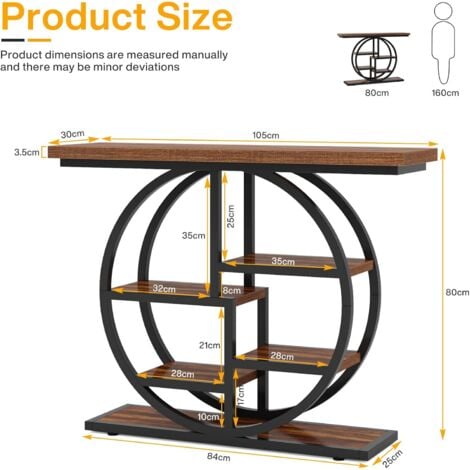 Tribesigns Console Table, 105 cm Industrial 6-Tier Sofa Table Entryway Table with Circle Base, Narrow Wood Accent Tables with Storage Shelves for Living Room, Hallway, Foyer, Rustic Brown