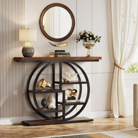 Tribesigns Console Table, 105 cm Industrial 6-Tier Sofa Table Entryway Table with Circle Base, Narrow Wood Accent Tables with Storage Shelves for Living Room, Hallway, Foyer, Rustic Brown