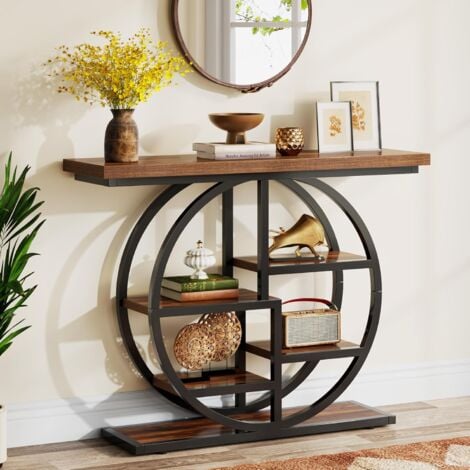 Tribesigns Console Table, 105 cm Industrial 6-Tier Sofa Table Entryway Table with Circle Base, Narrow Wood Accent Tables with Storage Shelves for Living Room, Hallway, Foyer, Rustic Brown