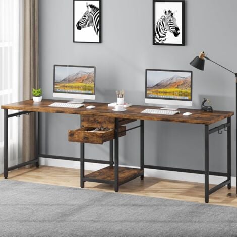 Tribesigns 79 Inch Extra Long Desk, Double Desk with 2 Drawers, Two Person Desk Long Computer Desk with Storage Shelves, Writing Table Study Desk for Home Office, Rustic Brown