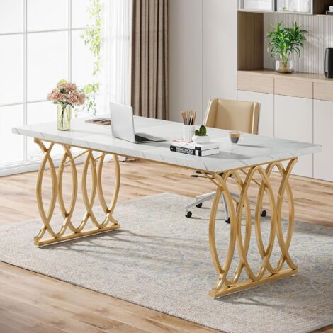 Tribesigns160 cm Desk, Large Computer Desk, Modern Office Desk Conference Table Meeting Room Table, Business Furniture for Home Office, White and Gold
