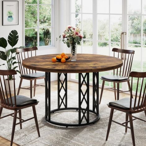 Tribesigns Round Dining Table for 4-6 People, 120CM Rustic Dining Table Coffee Table Circle Kitchen Table, Modern Dinner Table with Metal Base for Kitchen, Living Room (ONLY Table) (Classic Brown)