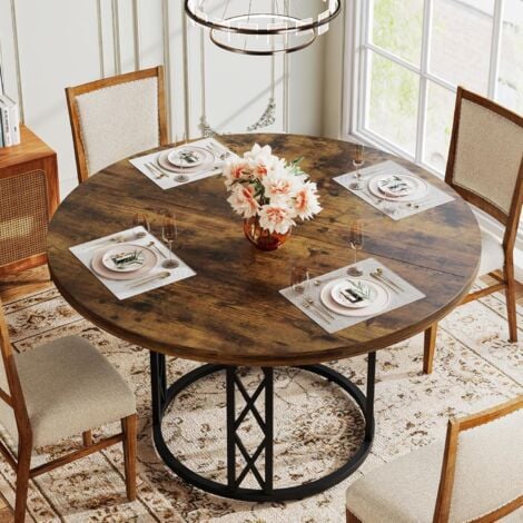 Tribesigns Round Dining Table for 4-6 People, 120CM Rustic Dining Table Coffee Table Circle Kitchen Table, Modern Dinner Table with Metal Base for Kitchen, Living Room (ONLY Table) (Classic Brown)