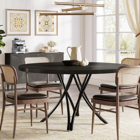 Tribesigns Round Dining Table for 4, 47-Inch Circle Kitchen Table, Modern Wood Dining Room Table with Sturdy Cross Metal Legs for Kitchen Living Room, Black