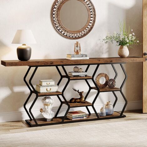 Tribesigns 180CM Extra Long Console Table Behind Couch with Storage, Entryway Sofa Table with 6 Attractive Open Shelves, for Living Room Hallway FoyerRustic Brown & Black