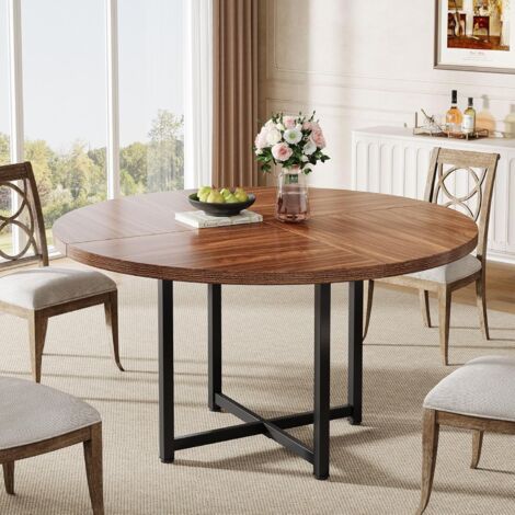 Tribesigns 120cm Round Dining Table - Industrial Kitchen Table with Heavy-Duty Metal Frame, Compact Dinner Table for Small Spaces, Living Room & Apartments (Black & Rustic Brown)