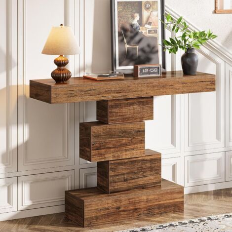 Tribesigns Industrial Console Table, 108cm Narrow Wood Sofa Table Behind Couch with Geometric Base, Entryway Accent Table for Living Room, Hallway, Entrance, Rustic Brown