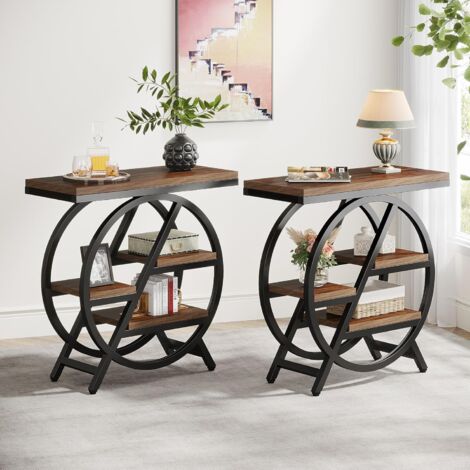 Tribesigns 3-Tier Narrow Wooden Side Table, 65 x 30 cm Sofa Table with Storage, Industrial Small Side Table for Living Room, Slim Nightstand for Bedroom (2 Sets)
