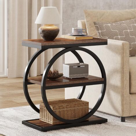 Tribesigns 3-Tier Sofa Side Table with Storage Shelves, Industrial Nightstand with Geometric Metal Frame for Living Room, Bedroom, Brown