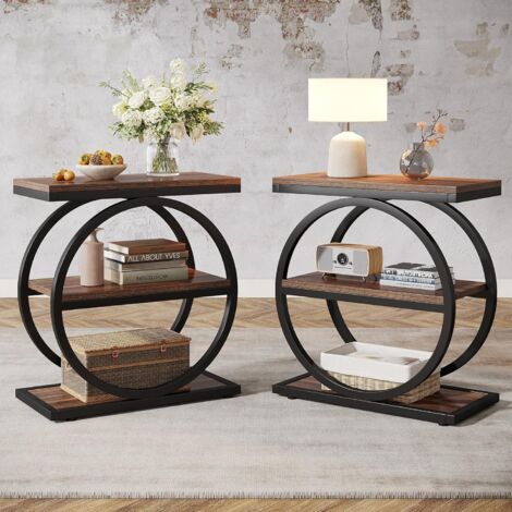Tribesigns End Table Set of 2, Narrow End Table with 3 Storage Shelves, Wooden Side Table, Industrial Small Sofa Side Table for Living Room, Slim Nightstand and Bedside Table for Bedroom
