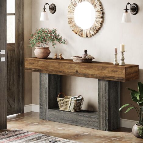 Tribesigns 63" Console Table, Farmhouse 2-Tier Entryway Table with U-Shaped Base, Narrow Long Wood Sofa Table Behind Couch Table for Living Room, Hallway, Foyer, Vintage Brown & Gray