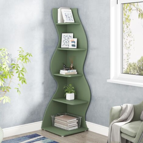 Tribesigns Corner Shelf, Modern 5-Tier Wall Corner Bookshelf, Stylish Corner Small Bookcase Storage Rack Plant Stand with Unique Shape for Living Room, Home Office (Sage Green, 1PC) (1/5)