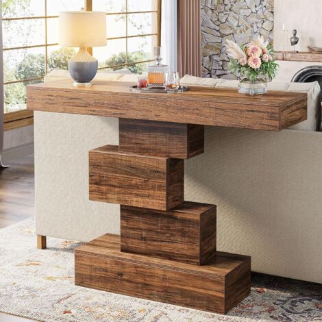 Tribesigns 108 cm Farmhouse Console Table, Narrow Wood Sofa Table Behind Couch with Geometric Base, Industrial Entryway Accent Table for Living Room, Hallway, Entrance (Rustic Brown)