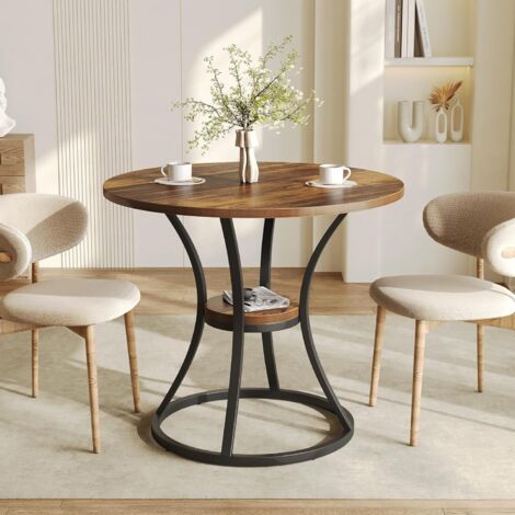 Tribesigns Round Dining Table for 2-4, 80cm Kitchen Dining Room Table with Storage & Metal Base, Small Wooden Circle Dinner Tables Space Saving Kitchen Tables for Living Room, Rustic Brown