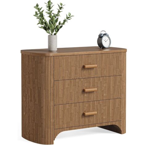 Tribesigns Large Wide Nightstand with 3 Drawers, Mid Century Modern Oversized Bedside Table for Bedroom, Big Night Stand with Fluted Striped Panel & Closed Back, Deep Brown