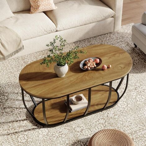 Tribesigns Coffee Table with Storage, 120 cm Industrial Oval Living Room Table, Wooden Center Tea Table with Curved Metal Base for Living Room, Home Office, Easy Assembly, Rustic Brown (1/5)