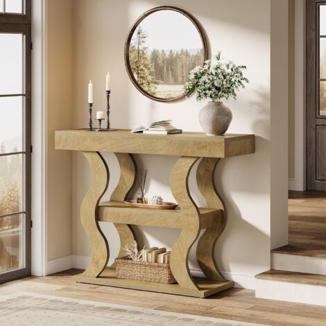 Tribesigns 41.34-Inches Small Console Table for Entryway, 3-Tier Narrow Wood Sofa Table Behind The Couch with Storage Shelves and Curved Frame for Living Room, Hallway, Foyer, Entrance, Brown
