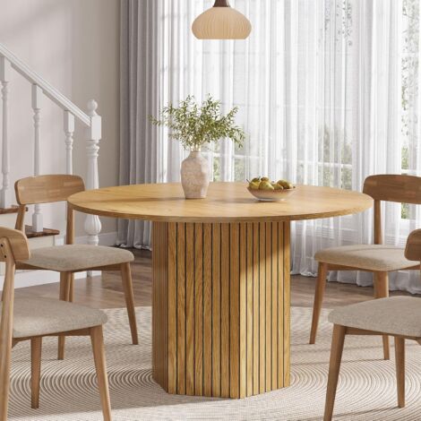 Tribesigns Round Dining Table, 120CM Wood Kitchen Table for 4-6 People, Large Dining Room Table with Wood Strip Base for Living Room, Home, Apartment, Light Brown