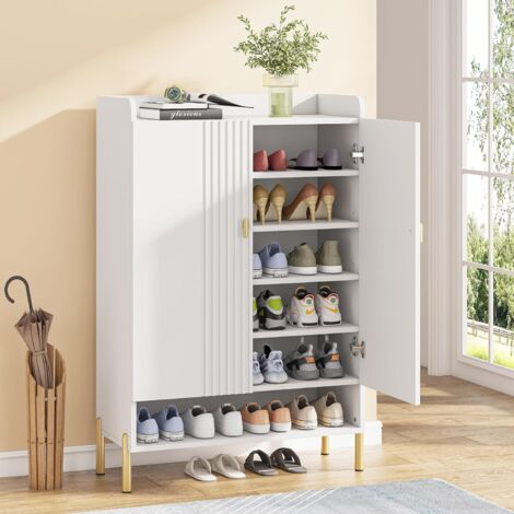 Tribesigns Shoe Cabinet Storage Entryway: Slim 6-Tier Shoe Organizer Cabinet with Adjustable Shelves, Freestanding Wood Shoe Rack with Doors for Entryway, Hallway, Living Room - White