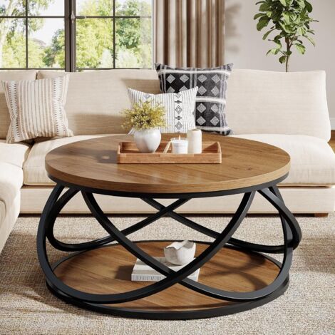 Tribesigns 2-Tier Round Coffee Table, 31.5" Circle Center Table, Wood Grain Accent Table with Storage Shelf and Cross Metal Frame for Living Room, Small Space, Rustic Brown