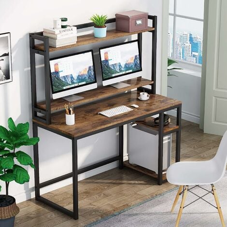 Computer Desk with Storage Shelves, Workstation, Study Desk with Hutch and Bookshelf, Monitor Riser Stand (Rustic Brown)