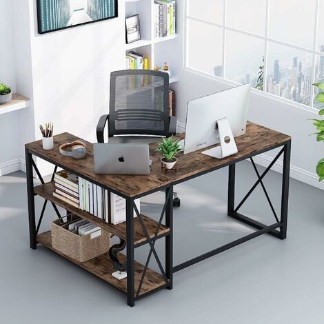 Tribesigns Reversible L Shaped Computer Desk with Monitor Stand, 69 inch Large Corner Desk with Storage Shelf, Industrial Computer Table Writing Desk