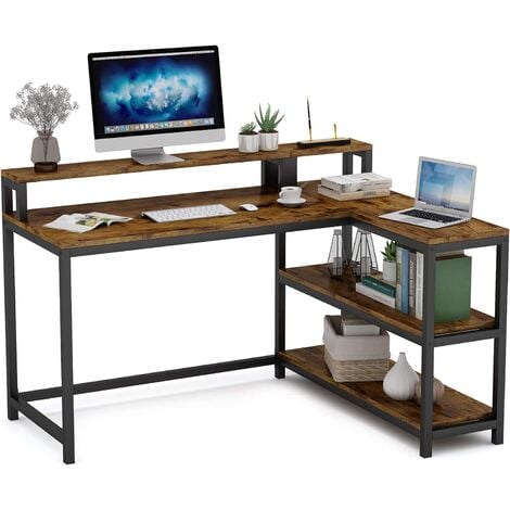 Tribesigns Computer Desk,Corner Desk With Monitor Stand, L-Shaped Writing  Workstation with 3 Shelves