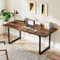 Tribesigns Extendable Computer Desk, 63-78.8 Rectangular Writing Desk Workstation with Metal Legs, Modern Wood Home Office Desk Executive Table for Study Work Gaming, Black & Brown