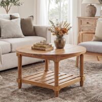 Tribesigns Round Coffee Table, Industrial 2-Tier Circle Coffee Table with Storage Shelves, Modern Wooden Accent Center Table Sofa Side Table for Living Room, Wooden Grain and Black
